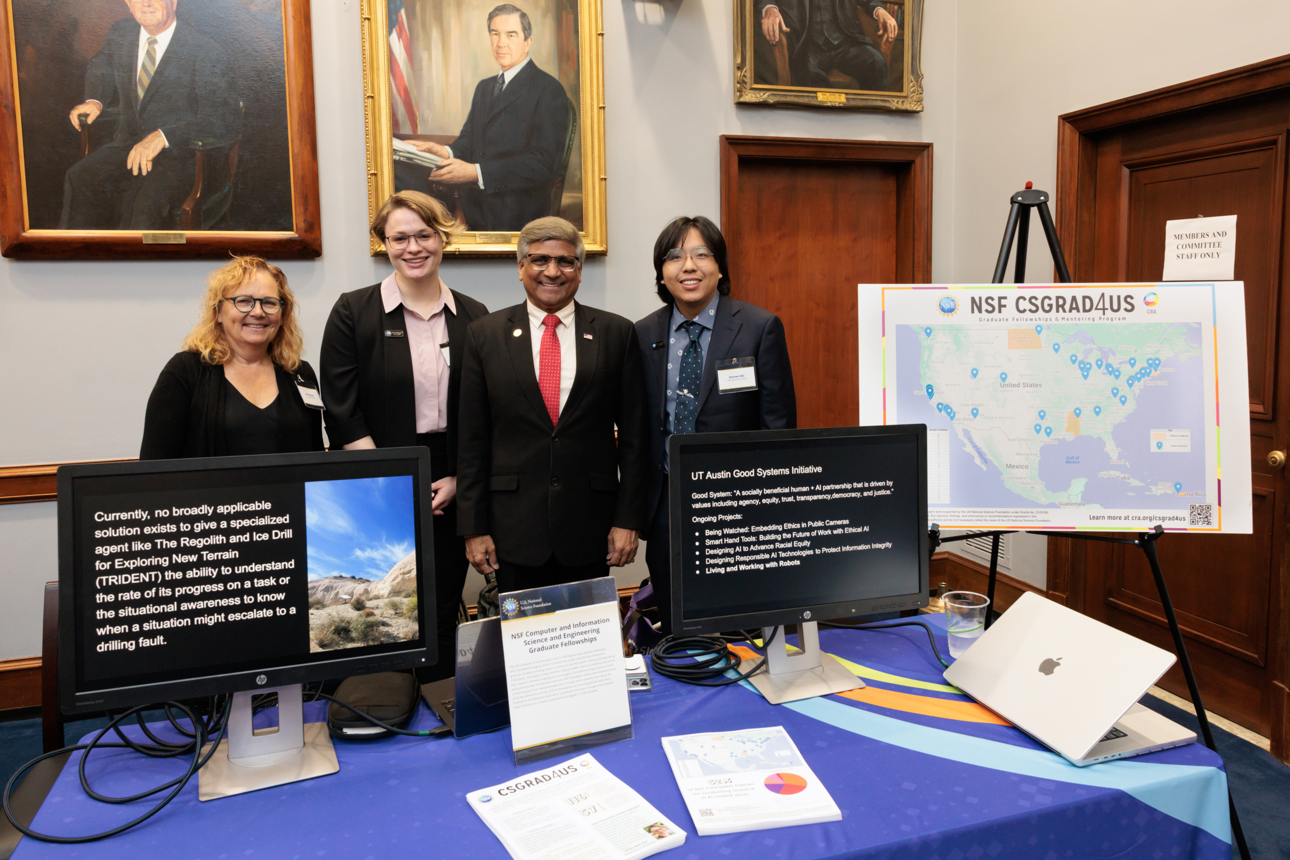 Caption: NSF Director Sethuraman Panchanathan (center right) with NSF CSGrad4US Program Chair Lori Pollock (left) and NSF CSGrad4US Fellows Sarah Boelter (center left) and Steven Shi (right). Photo credit: Charlotte Geary/NSF.