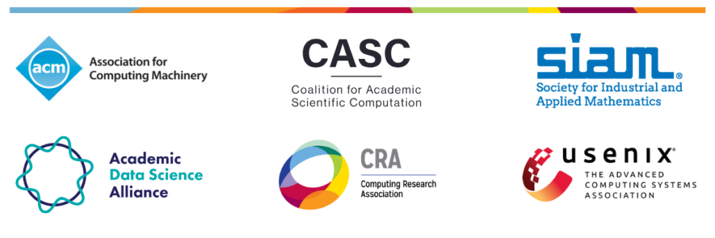 An image of the logos of the endorsing organizations: ADSA, ACM, CASC, CRA, SIAM, and USENIX